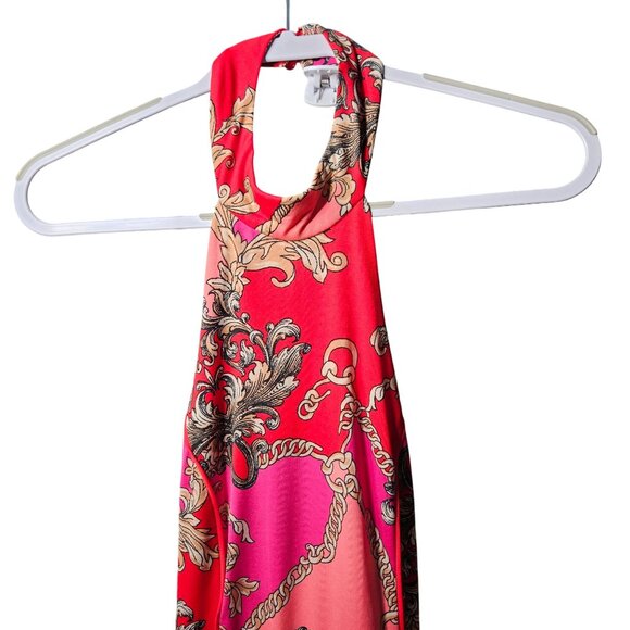 Red & Pink Halter Maxi Dress With Ornate Chain & Floral Print - Picture 2 of 7